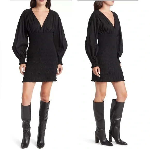 FRAME Denim V neck Smocked Long Sleeve Mini Dress Size Small Black NWT